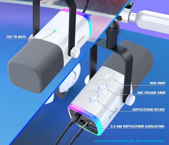 FIFINE - TAM8 - Microphone de studio USB / XLR - Bras flexible (BM88) - Avec passe-câbles - Convient pour PC/PS4/PS5 - RVB - Podcast - Gaming - Streaming - Wit