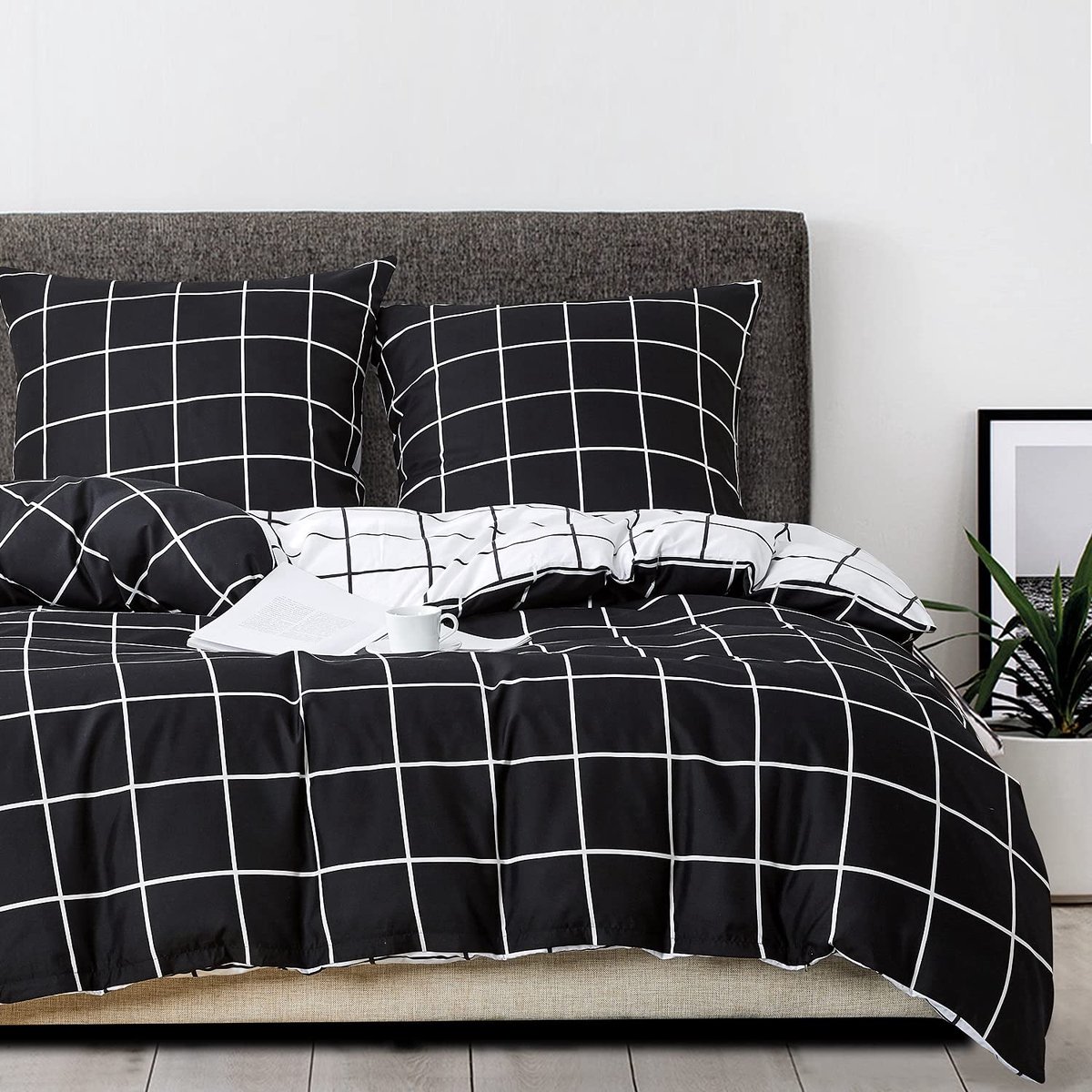 Goodivery ® Stijlvolle Omkeerbare Beddengoedset met Modern Geruit Design in Zwart-Wit Microvezel