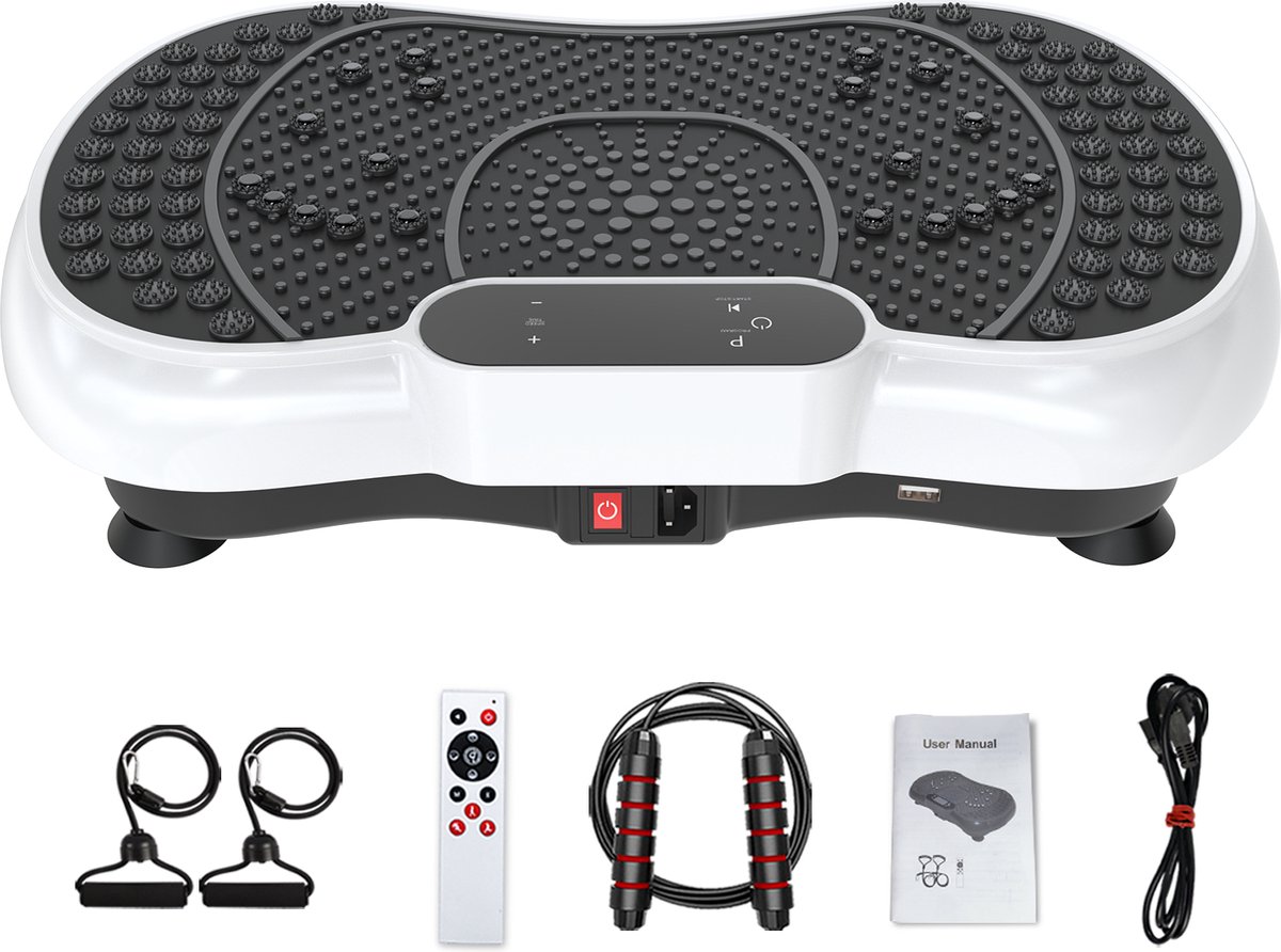 Trilplaat met stille motor + Bluetooth - 99 trilniveaus + 15 trainingsprogramma's - met afstandsbediening - antislip - full body workout, vet verliezen - incl. trainingsbanden - Wit