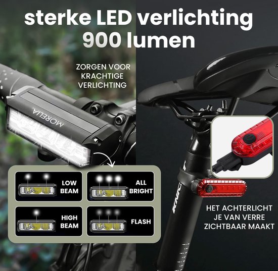 Morelia® Complete Fietslampjes Set - Fietslamp 900 Lumen - Fietsverlichting - Voorlicht en Achterlicht - USB Oplaadbaar - Zwart — afbeelding 5