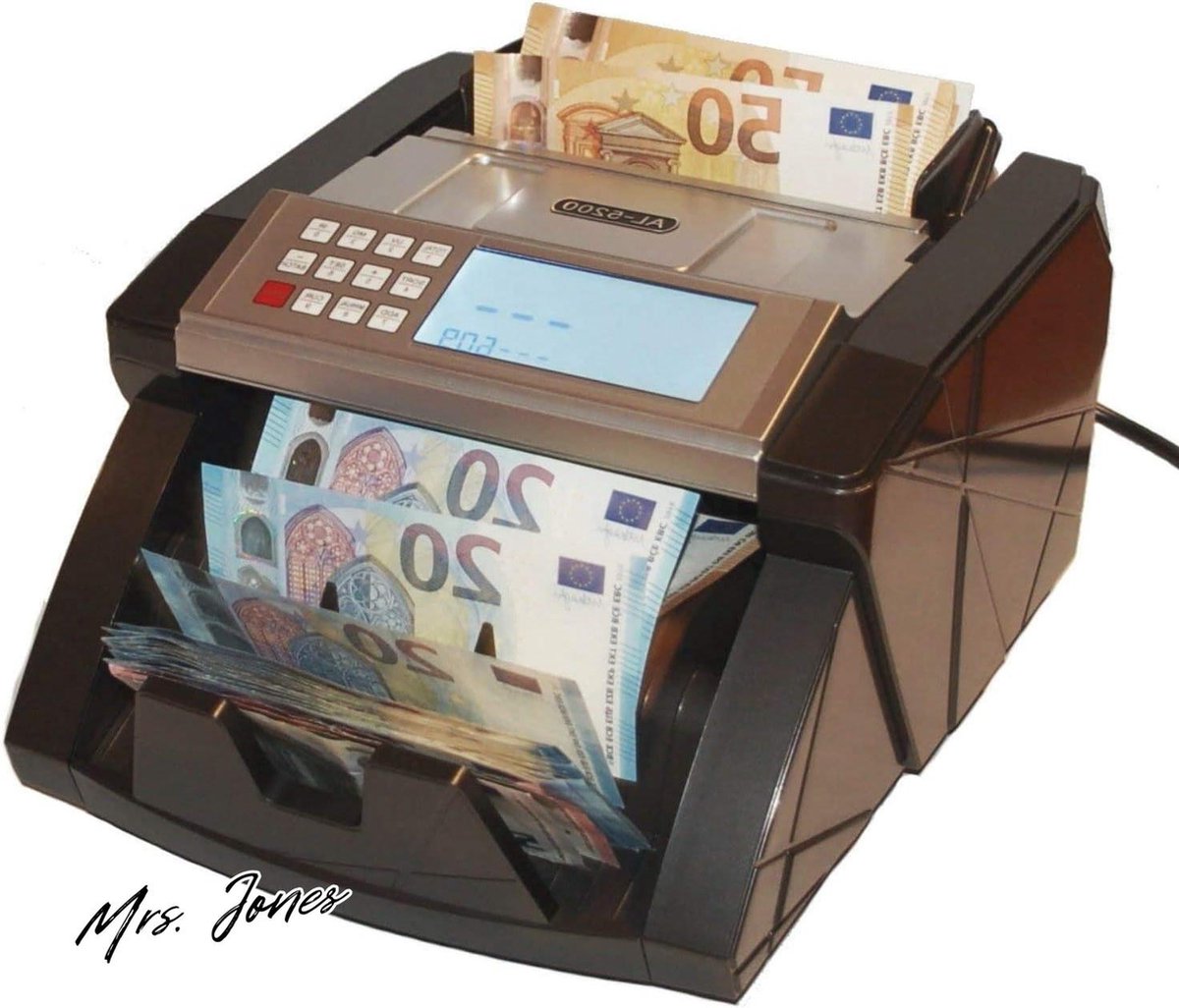 Mrs. Jones bankbiljetteller geldtelmachine bankbiljettenteller teller geldteller bankbiljettencontrole herkent alle nieuwe 100 en 200 EUR .