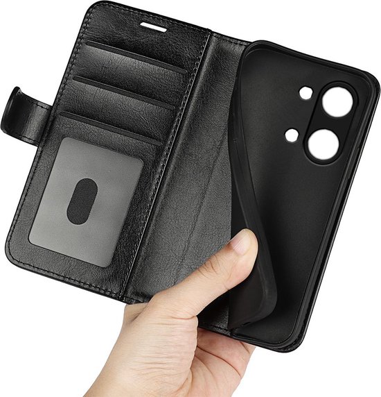 Zwarte wallet book case met interne TPU soft shell, met kaarthouders en een magnetische sluiting.