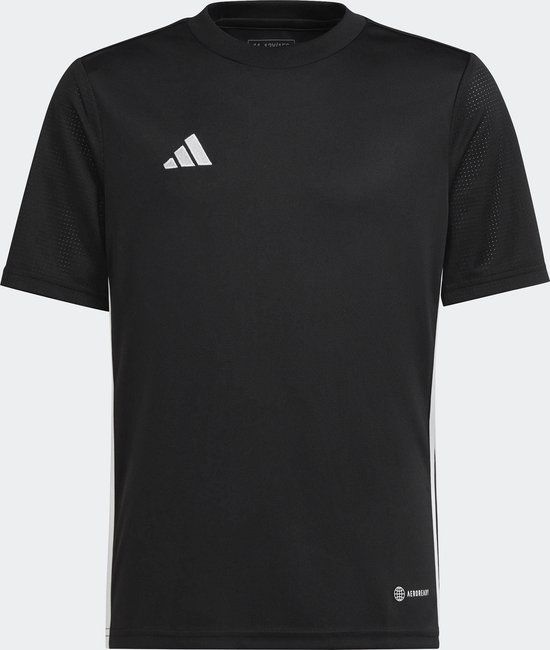 Zwart Adidas Tabela 23 voetbalshirt met witte logo's en strepen aan de zijkant.