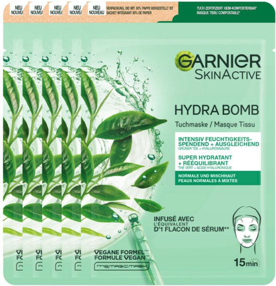 Garnier SkinActive Hydra Bomb Sheet Mask Groene Thee - 5 Stuks - Gezichtsmasker voor Normale & Gemengde Huid