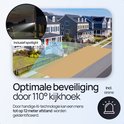 Illustratie van een huis met beveiligingscamera die een 110 graden kijkhoek en sirene toont.
