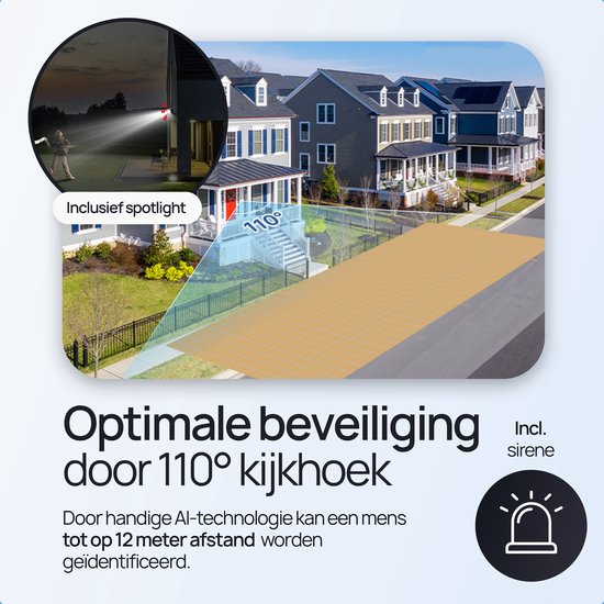 Illustratie van een huis met beveiligingscamera die een 110 graden kijkhoek en sirene toont.