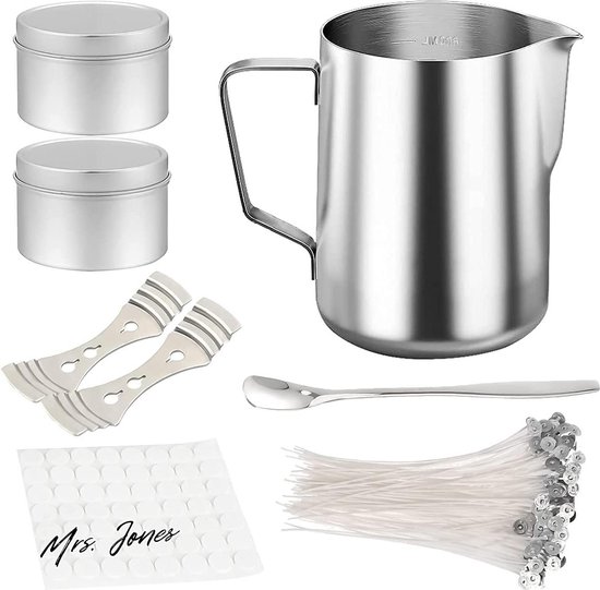 Wasmelter voor het maken van kaarsen, wasmelter voor het zelf maken van kaarsen set, wasmeltpan met schenktuit, kaars maken gietpan, kaars smeltpan met kaarslonten, lont stickers, roerlepel