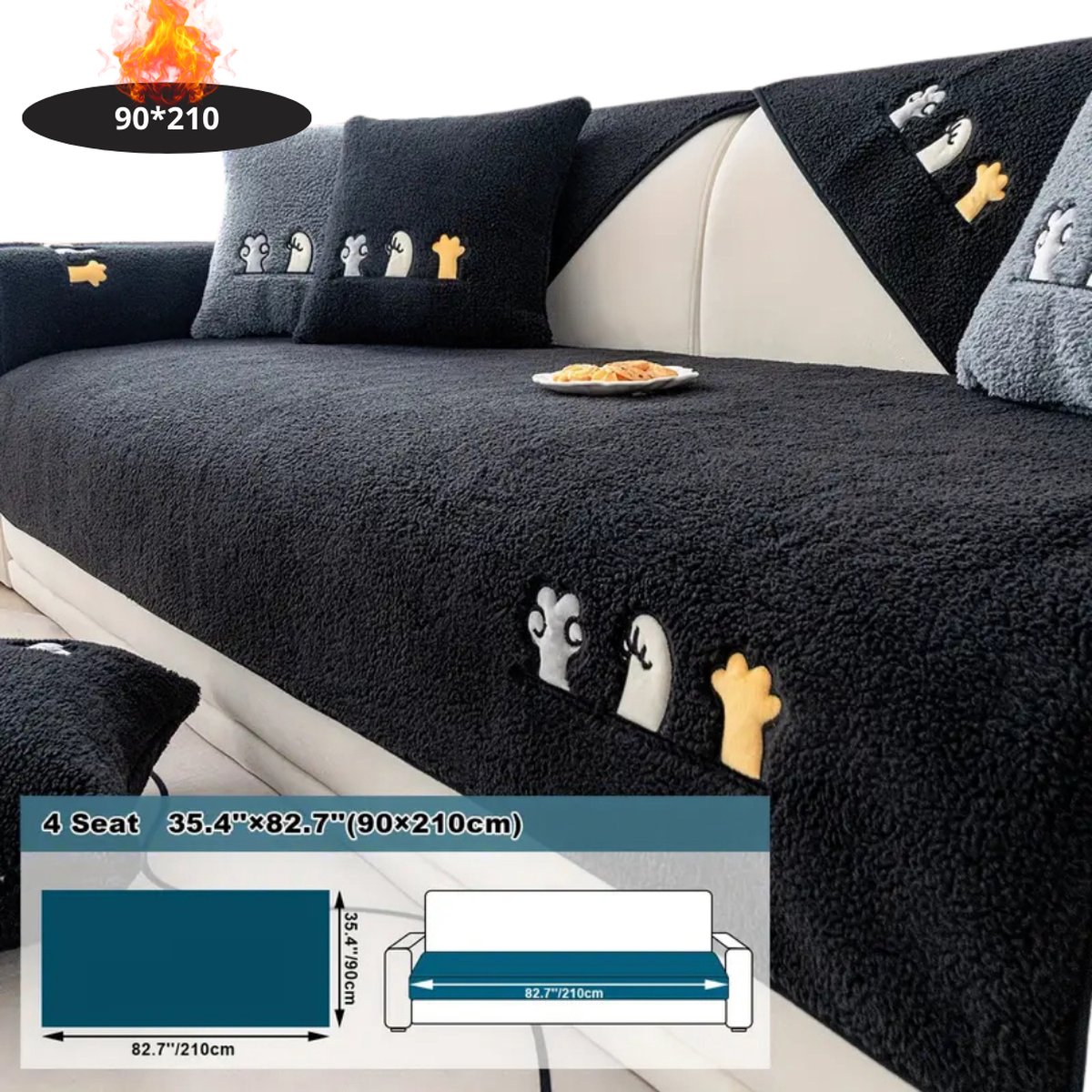 Livano Bankhoes - Bankbeschermer - Stretch - Sofa Cover - Pluche - Zwart - 4 Zits 90x210