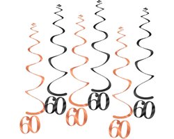 Q2Party - 60 Jaar Swirl - Slinger - Leeftijd - Versiering - Verjaardag - decoratie - Feest - Hangdecoratie - Rose Goud/Zwart – 6 stuks