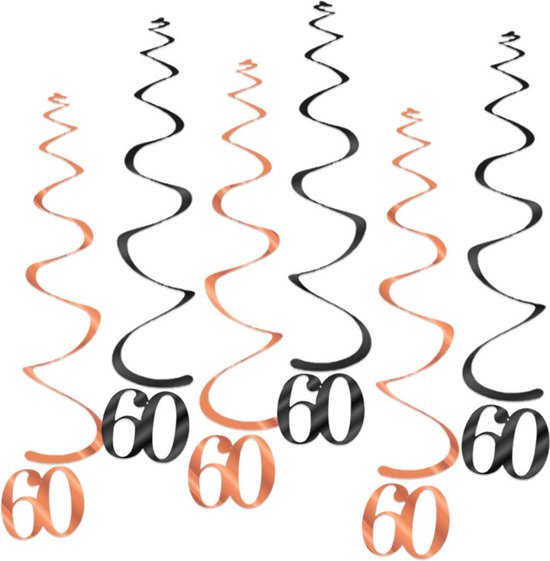 Q2Party - 60 Jaar Swirl - Slinger - Leeftijd - Versiering - Verjaardag - decoratie - Feest - Hangdecoratie - Rose Goud/Zwart – 6 stuks