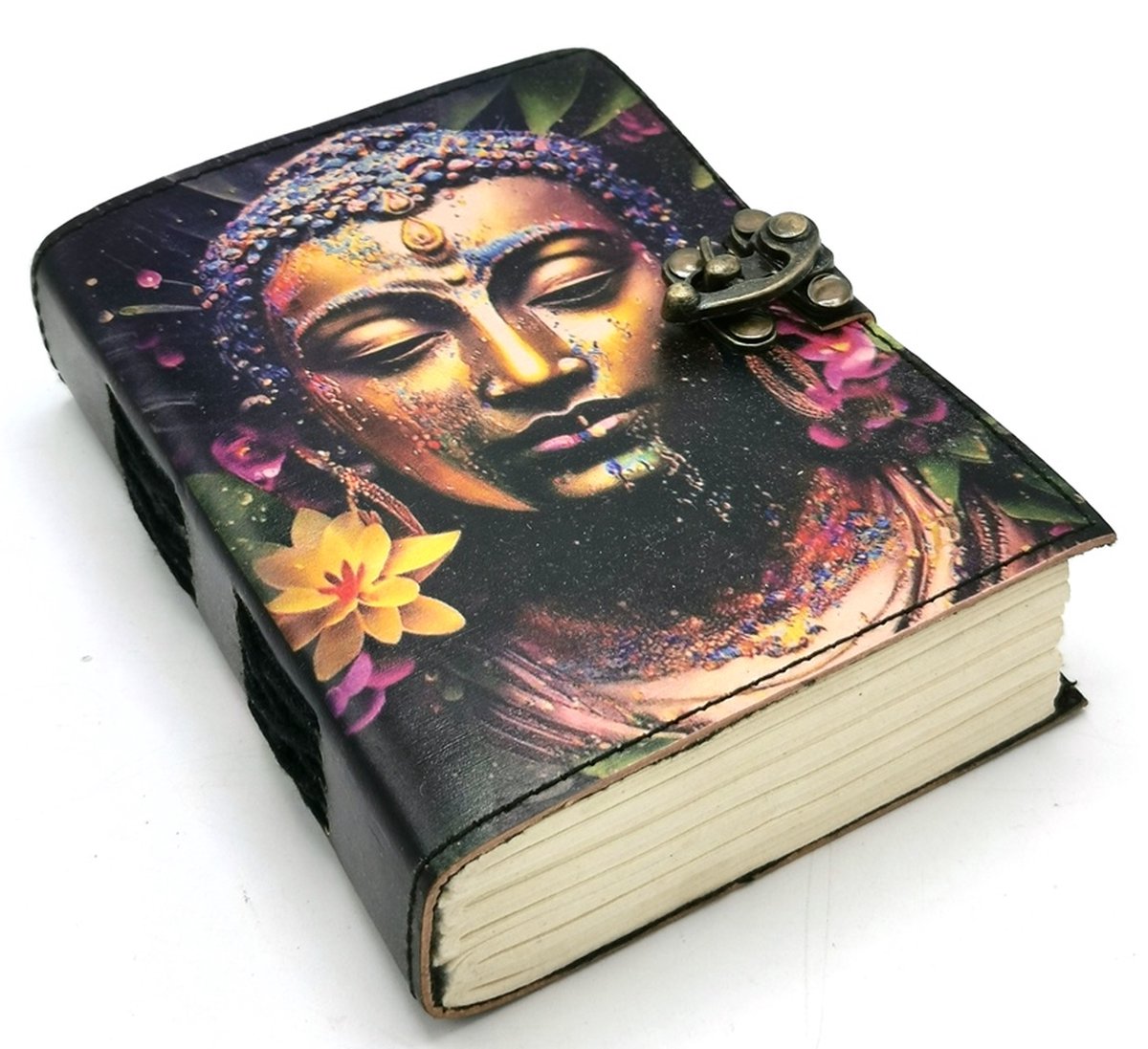 Boutique Trukado - Leren Notitieboek "Boeddha & Lotus"- KLEINER FORMAAT - 15x11x3,5cm - Leren Journal - Schrijfboek - Schetsboek - Notebook - Boeddha - leren boek - Boeddha - Leren Journal - Handgemaakt