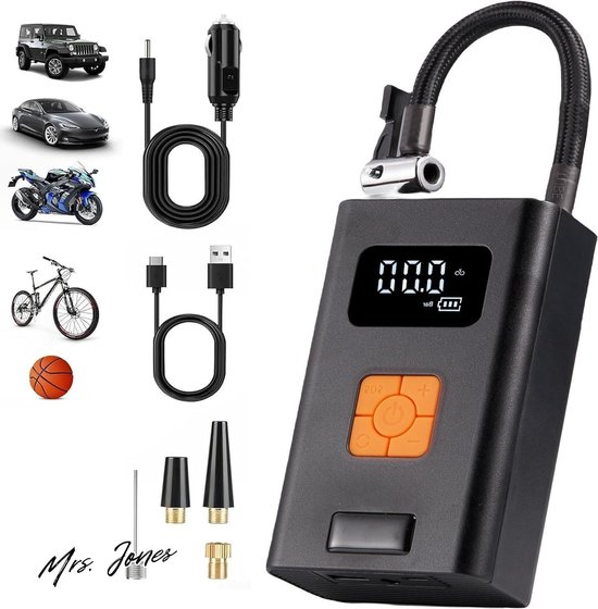 Mrs. Jones Draagbare luchtcompressor mini-bandenpomp 12 V 2000 mAh accu oplaadbare elektrische compressor fietspomp 150 psi USB-powerbank .