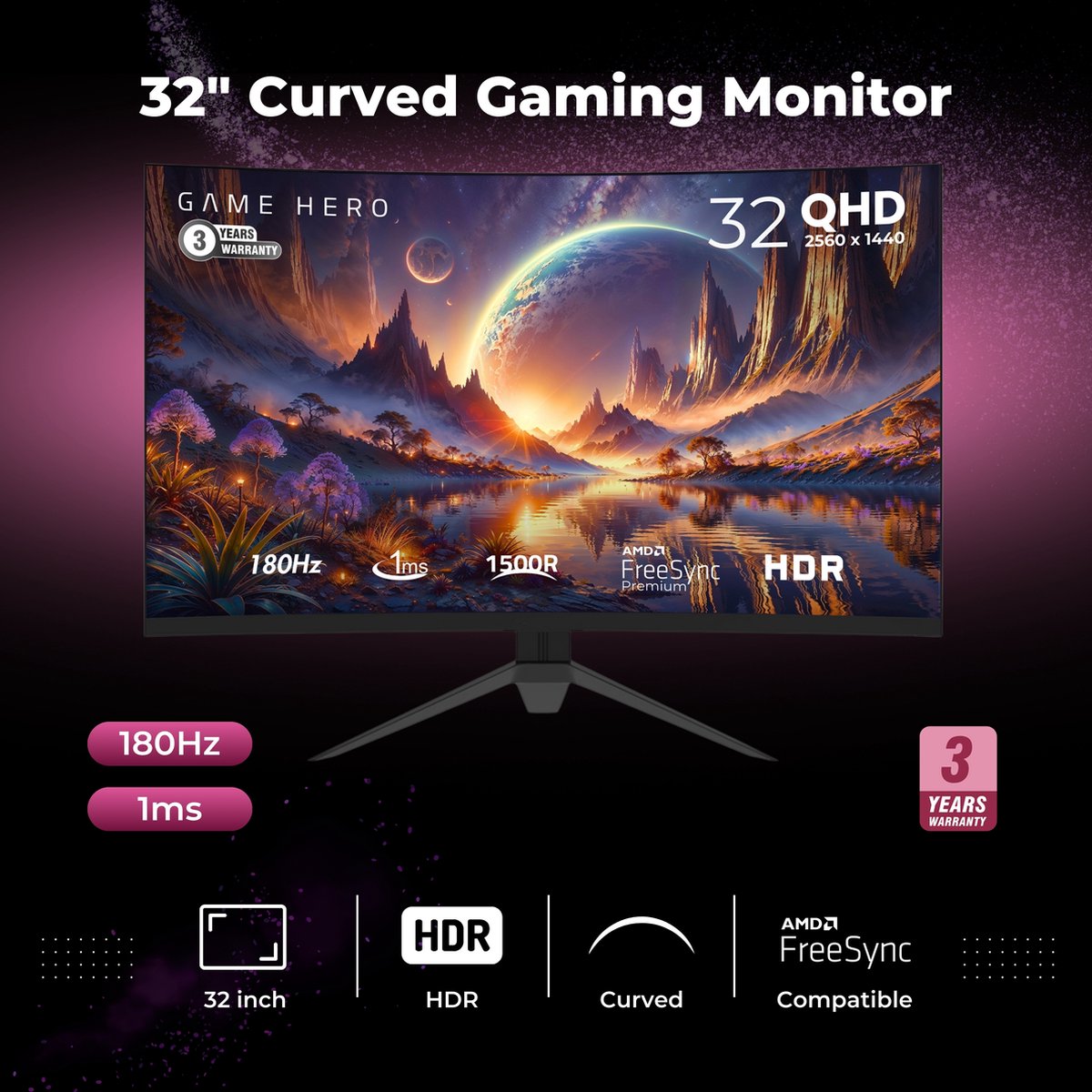 GAME HERO® 32 inch Curved QHD Gaming Monitor 180Hz - afbeelding 2