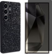 Casemania Hoesje & Privacy Glas Geschikt voor Samsung Galaxy S25 Ultra - Zwart - Diamant Glitter Back Cover & Glazen Screenprotector