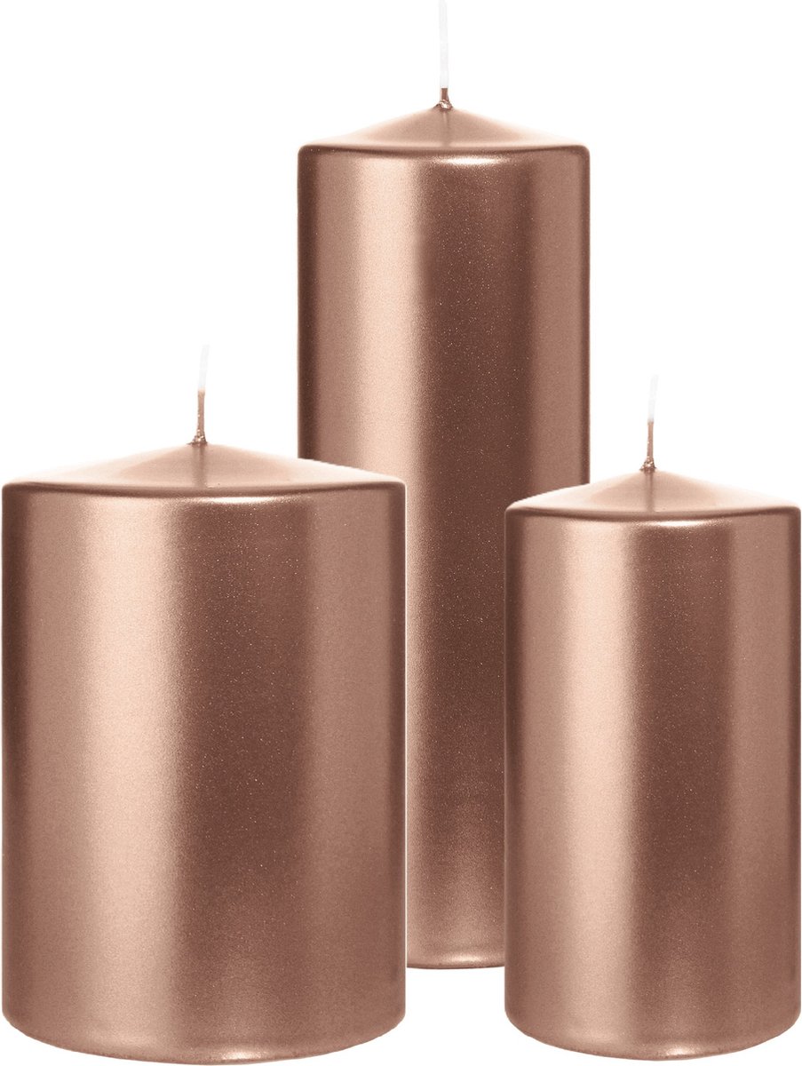 Wiedemann Cilinderkaarsen/stompkaarsen - set van 3 - metallic roségoud - 7x13/10x15/7x20 cm Rose goud