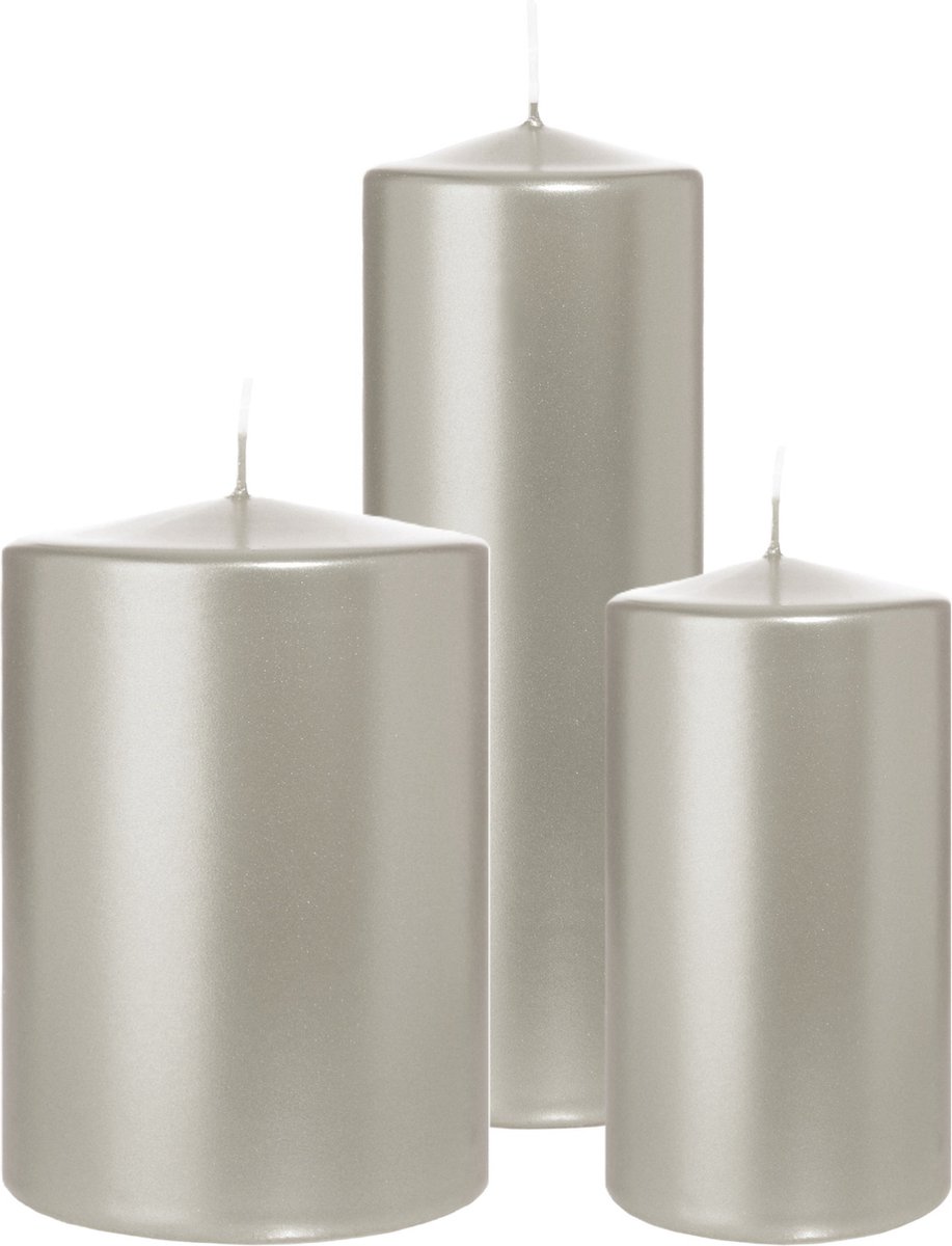 Wiedemann Cilinderkaarsen/stompkaarsen - set van 3 - metallic zilver - 7x13/10x15/7x20 cm