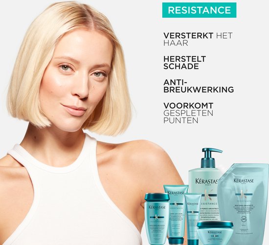 Femme blonde à la coupe courte, souriante, avec des produits Kérastase. Texte : RÉSISTANCE RENFORCE LES CHEVEUX, RÉPARE LES DOMMAGES, ANTI-CASSE, PRÉVIENT LES FOURCHES.