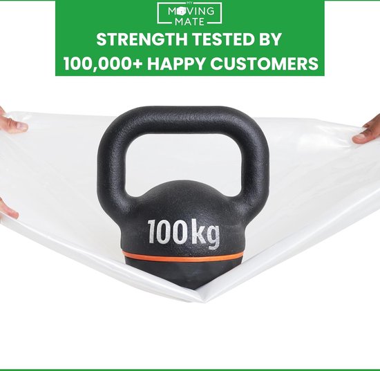Een 100 kg halter rust op een dikke, doorzichtige plastic matrasbeschermer die door twee personen wordt vastgehouden.