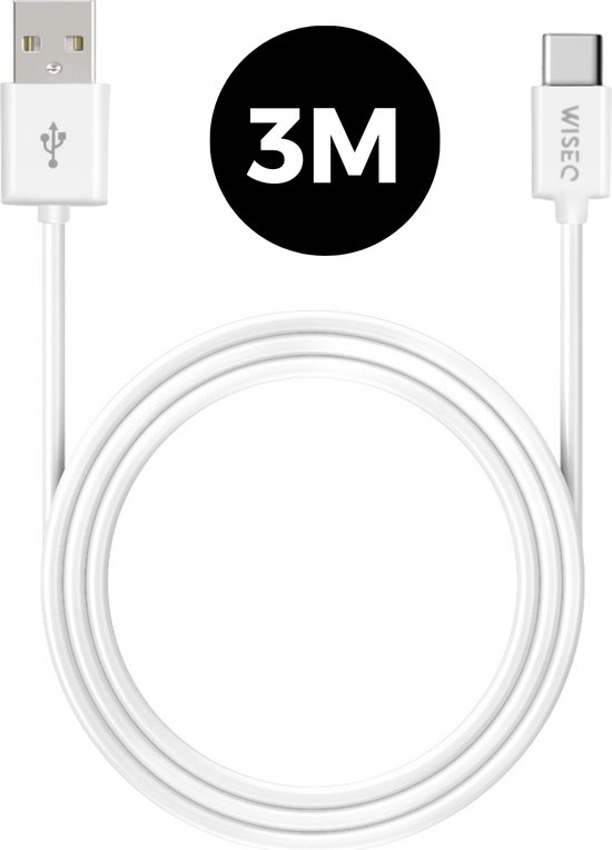 USB-A naar USB-C oplaadkabel 3 meter snel opladen data kabel universeel iPhone Samsung tablets laptops wit