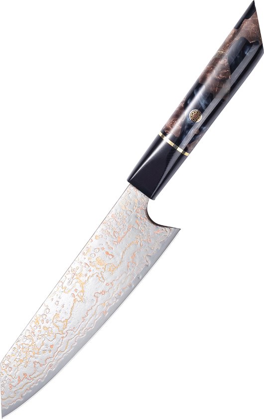 PAUDIN TI2 Couteau Gyuto Japonais Professionnel 18 cm - Couteau de Cuisine - Véritable Acier Damas avec Koper - Manche Élégant en Bois et Epoxy