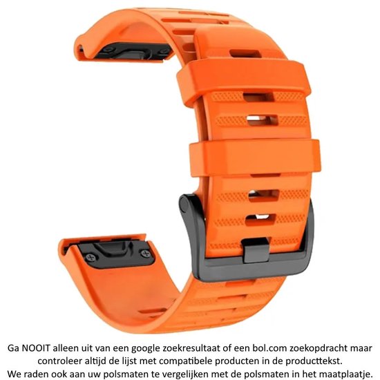 Oranje siliconen horlogeband met zwarte gesp, quickfit sluiting, 26mm breed.