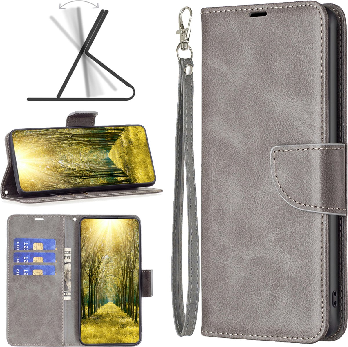 MobyDefend Hoesje - Geschikt voor Samsung Galaxy A15 - Wallet Book Case Met Koord - Grijs