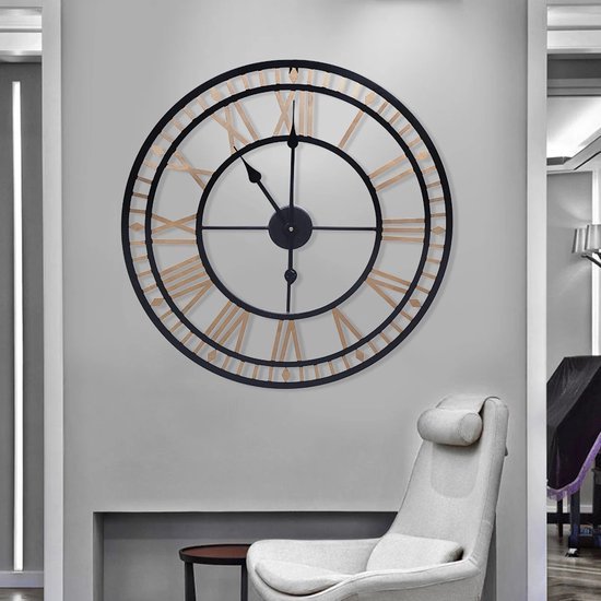 Spiegelklok - Grote industriële wandklok - Zwart frame - 90 cm