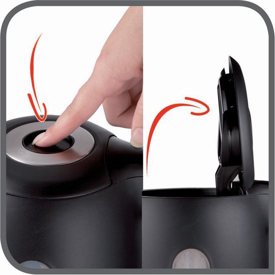 Demonstratie van de aan/uit-knop en het openen van het deksel van de zwarte Tefal waterkoker.