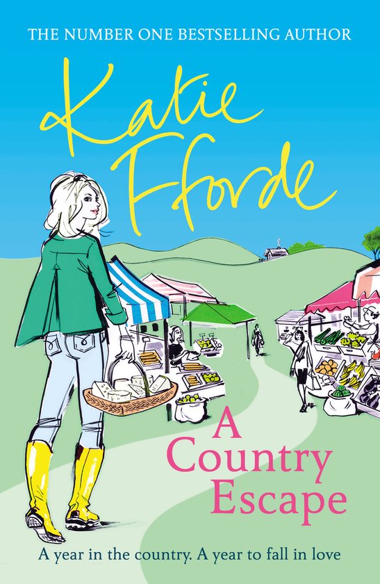 Boekcover van 'A Country Escape' met een blonde vrouw in een groene jas en gele laarzen die een mand met brood draagt. Achtergrond van een boerenmarkt.