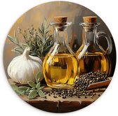 WallCircle® Wandcirkel 30x30 cm - Muurcirkel Stilleven - Olijfolie - Knoflook - Kruiden - Muurdecoratie woonkamer - Wanddecoratie slaapkamer - Kamer decoratie accessoires - Ronde schilderijen