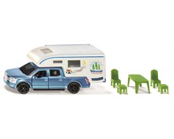 Ford F150 Pick-up camper metaal/kunststof blauw/wit stoelen krukken en tafel uitschuifbare luifel