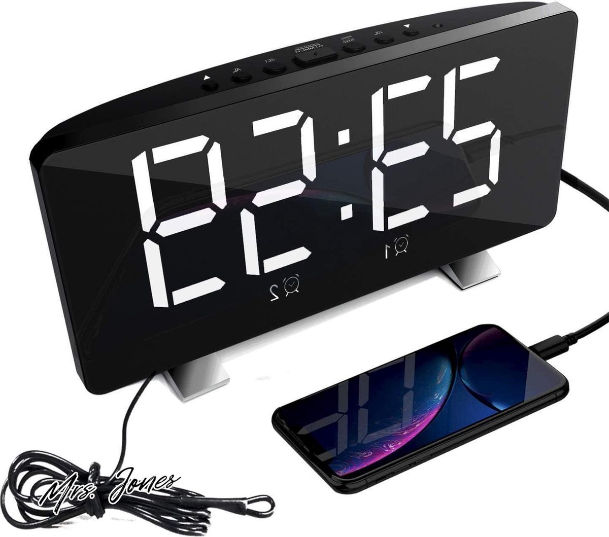 Mrs. Jones Wekkerradio voor slaapkamer - USB-oplaadbaar - 4 modi dimmodus - 7,3 inch led-display - 12/24 uurmodus - sluimerfunctie - wit .