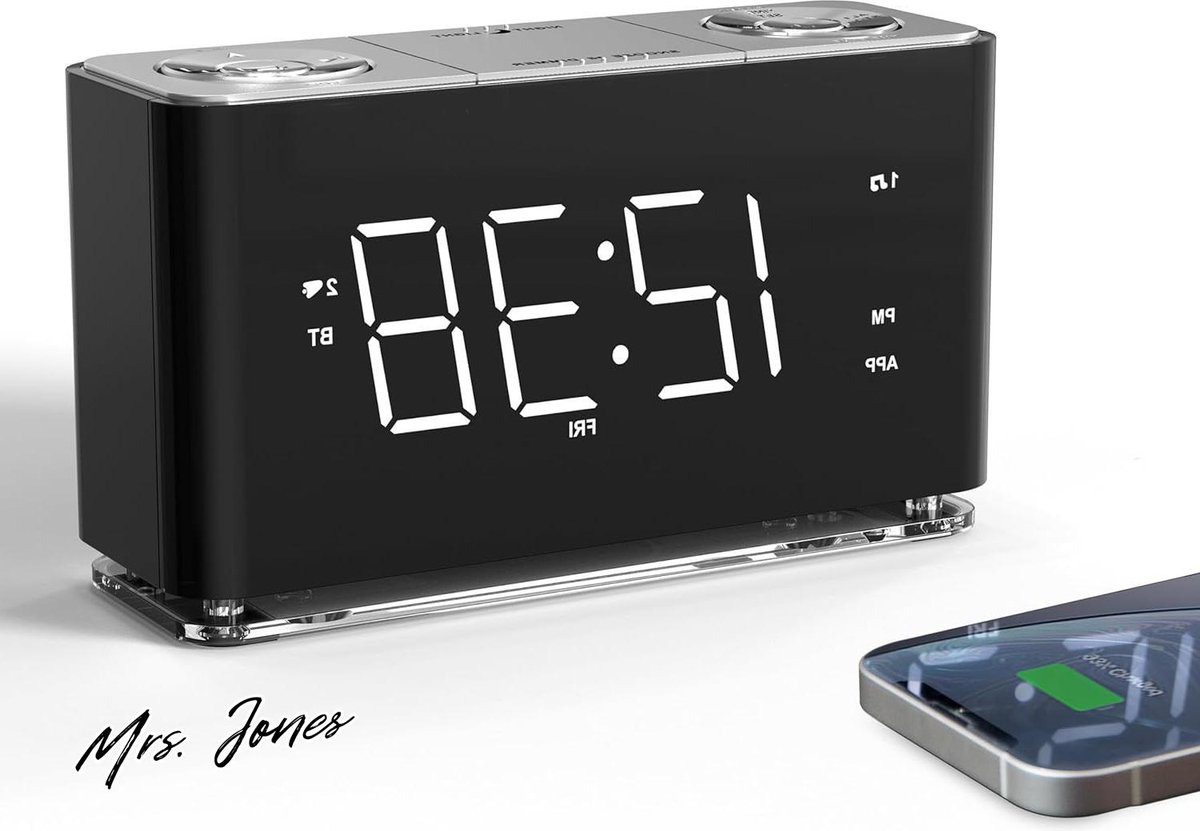 Mrs. Jones Digitale FM-radio Niet tikkend dubbel alarm met snooze Opladen via USB Nachtlampje Dimmerbediening Slaap-naar-radiotimer Extra ingang Back-upbatterij iTOMA CKS507 .