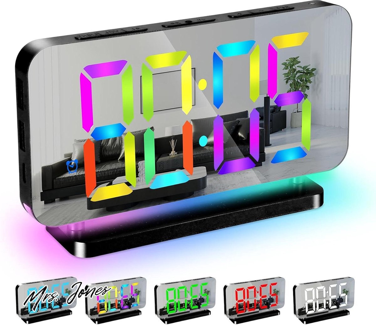 Mrs. Jones Sukeen Wekker 7.4" Digitale Wekker 11 kleuren tijdweergave 10 modi RGB-nachtlampje USB C-opladerpoort volume helderheid wekkers nachtkastje slaapkamer thuis - Zwart .