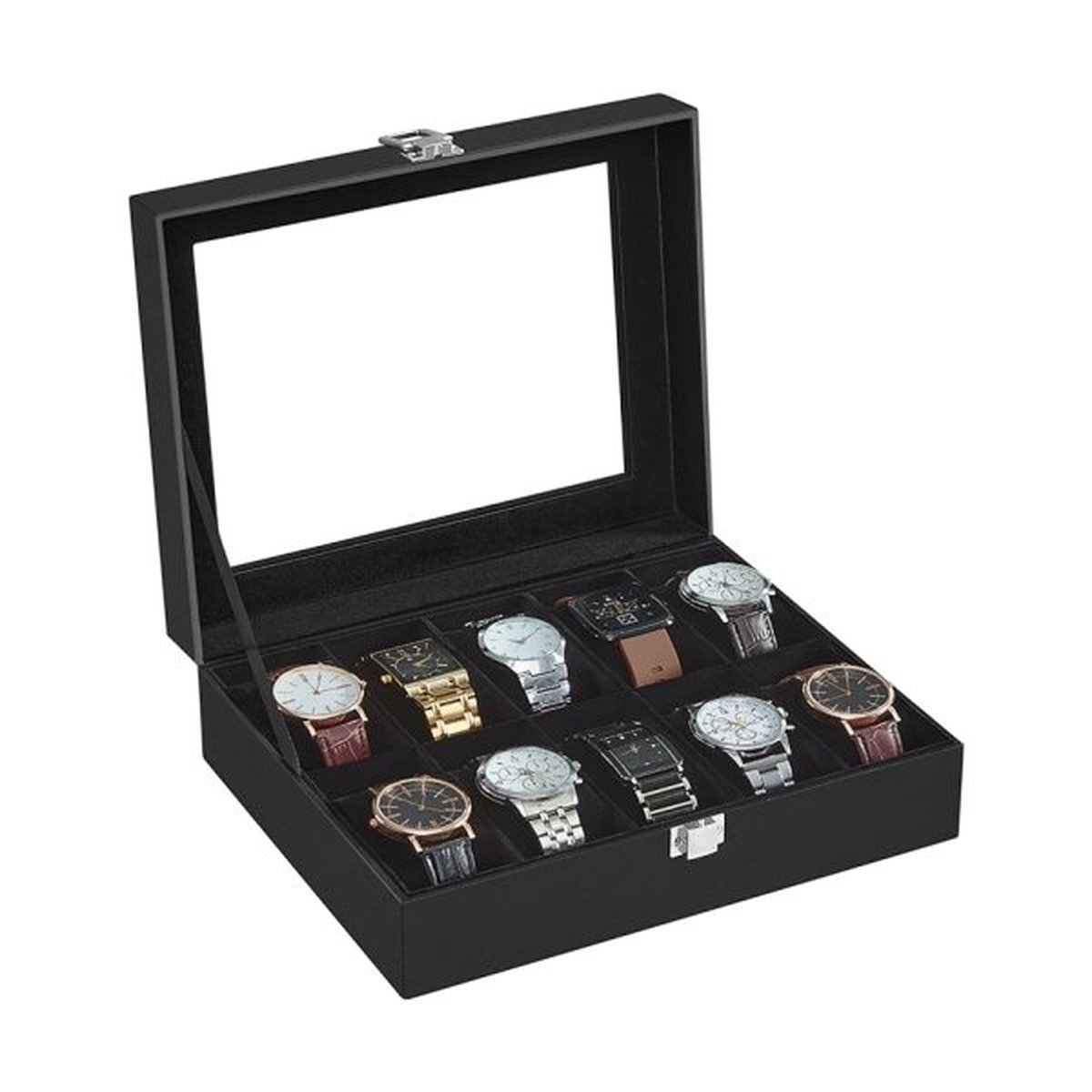 Bekijk doos met 10 slots, horloge met glazen deksel, horloge -displaybox met verwijderbare horlogekussens, metalen gesp, cadeau -idee, zwart synthetisch leer, zwarte voering