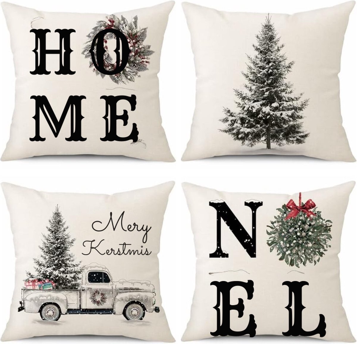 Kerst Kussenhoezen Set Van 4 40x40 cm Winterdecoratie Sierkussenslopen Kerstboom Met Truck Linnen Kussenhoezen Voor Bank En Woonkamer