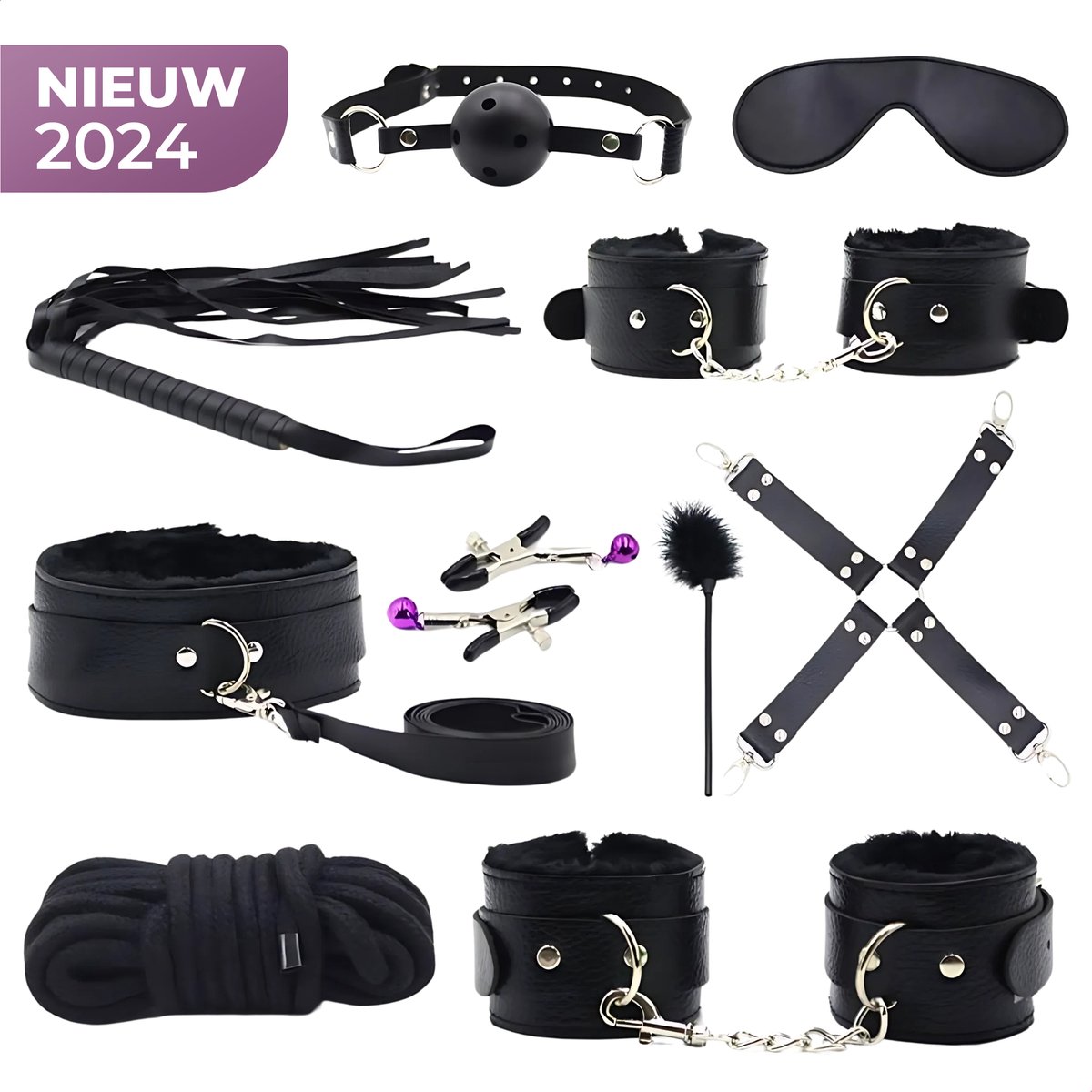 Goedkoopste BDSM Set - 10 Delig - Gag Ball & Zweep - Seksspeeltjes - Handboeien - Zwart