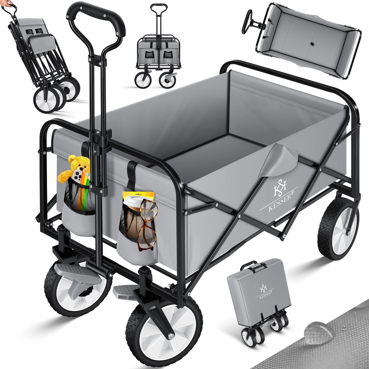 KESSER® Bolderkar opvouwbare Bolderwagen | incl. 2 netzakken Strandkar | PVC banden | tot 80 kg draagvermogen tuinaanhanger zonder dak - Grijs