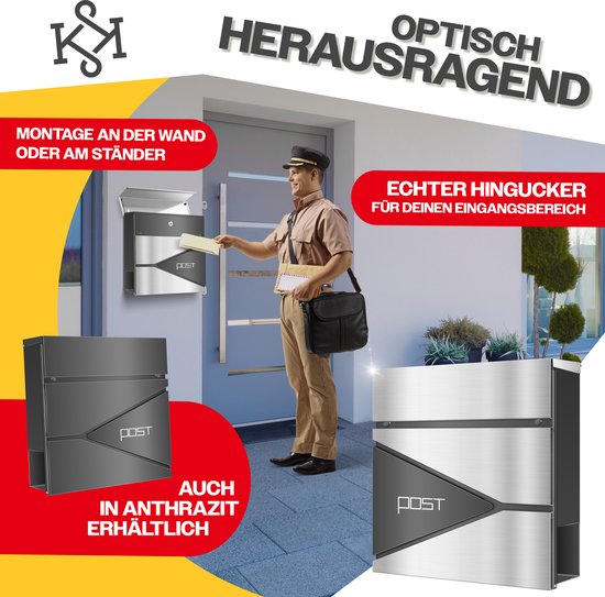 KESSER® Brievenbus Roestvrij Staal Met Krantenvak Naamplaatje Kijkvenster Geborsteld 3x Sleutels Afsluitbaar Gepoedercoat Wandmontage Groot Incl Montagemateriaal 661926645