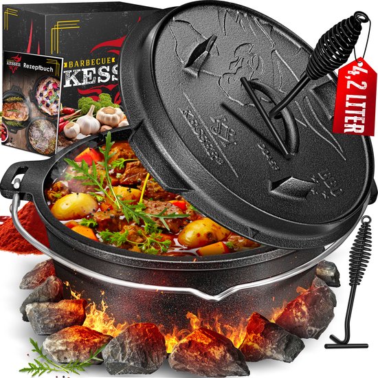 KESSER® Pan en fonte avec couvercle pour BBQ extérieur et intérieur - Poêle à barbecue - Poêle à frire pour 2 à 5 personnes avec dessous de plat 4,2 litres