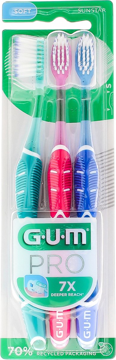 Goedkoopste GUM PRO Drievoudige Tandenborstel Trio Pack (Kleur Groen - Roze - Blauw