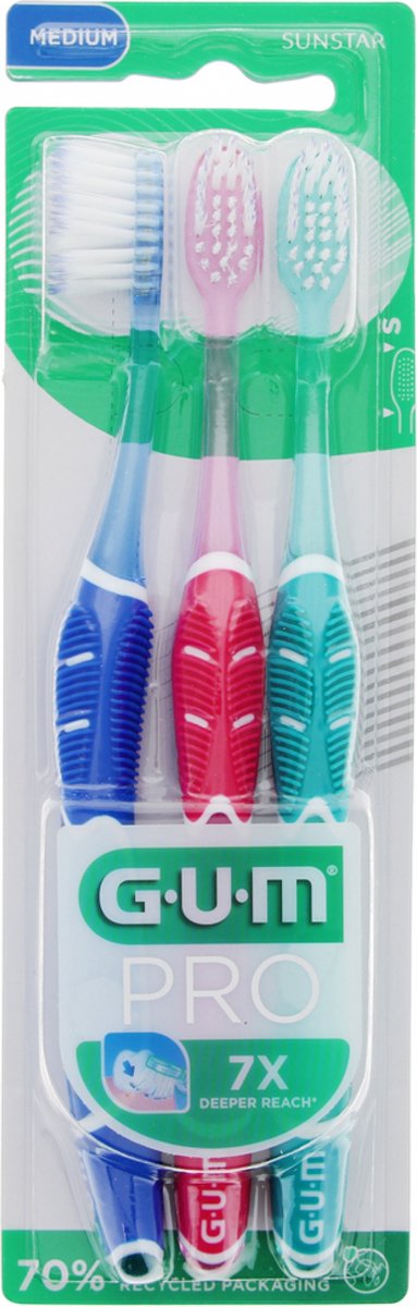GUM PRO Tandenborstel Medium Trio Pack (Kleur : Blauw - Roze - Watergroen)