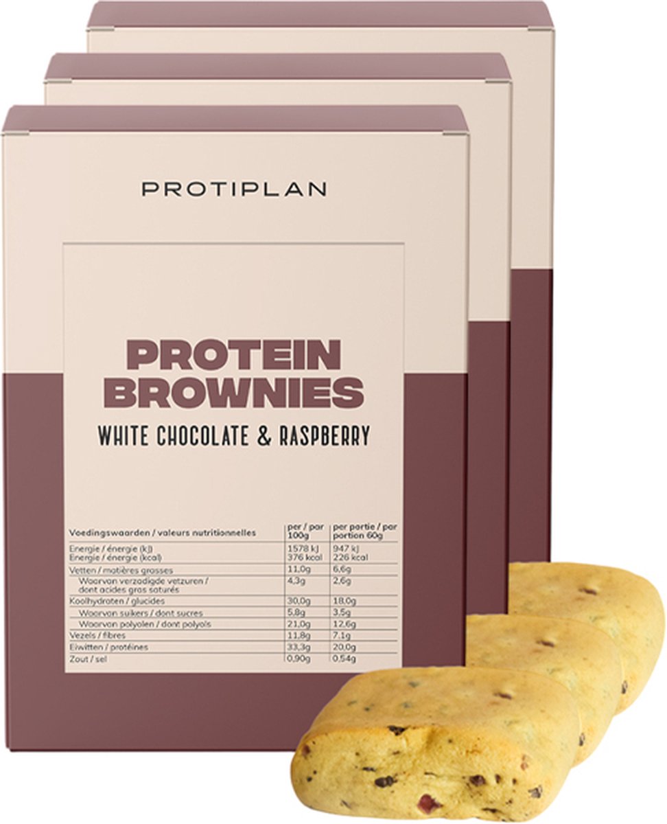Goedkoopste Protiplan | Brownie Witte Chocolade met Rode Bessen | 3 stuks | 3 x 5 x 60 gram | Low carb snack | Eiwitrepen | Koolhydraatarme sportvoeding | Afslanken met Proteïne repen | Snel afvallen zonder hongergevoel!