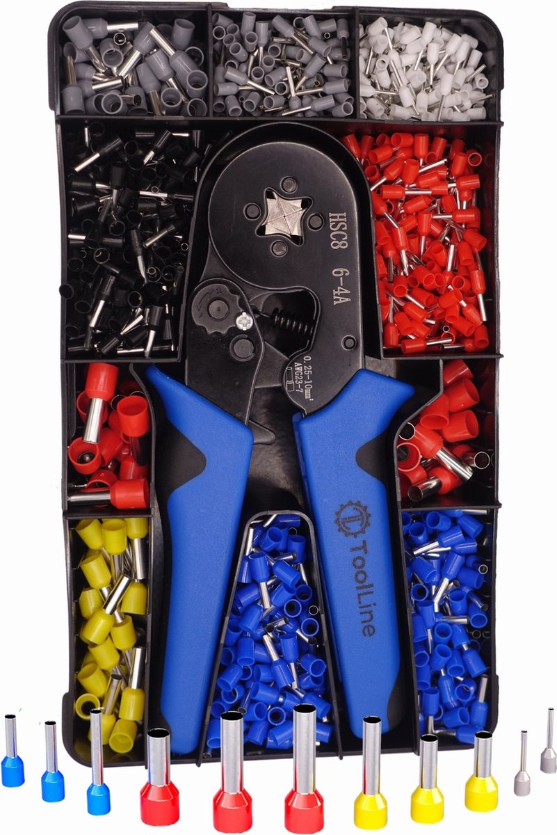 ToolLine® - Professionele Adereindhulstang 0,25 - 10mm2 - Inclusief 1200 adereindhulzen assortiment - Aderhulzen - Krimptang - Kabelschoentang