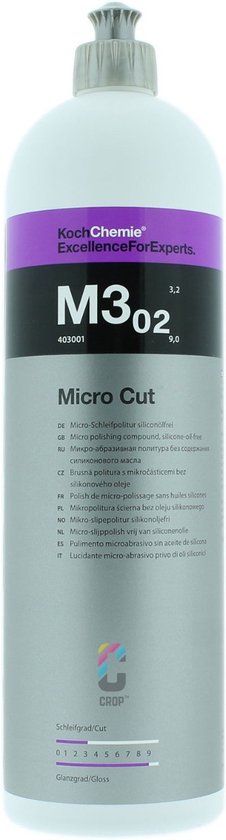 Koch Chemie M3.02 Micro Cut fles, staand, met paarse band en glansgraad.