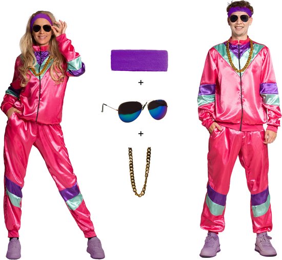 Fout Trainingspak 5-Delig Jas/Broek/Hoofdband/Ketting/Bril Jaren 80 & 90 Kostuum Disco Foute Party Outfit Dames en Heren Retro Verkleedkleding Carnavalskleding Heren Carnavalskleding Dames - Polyester - Roze - Maat XL