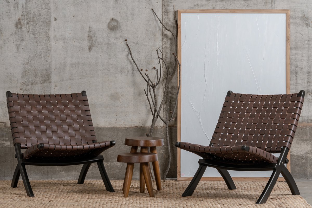 Oliver lounge stoel - bruin - binnen - runder leer - teak hout - design lounge stoel - comfortable fauteuil - inklapbaar en opklapbaar - hoogwaardig kwalitatief teakhout - premium kwaliteit