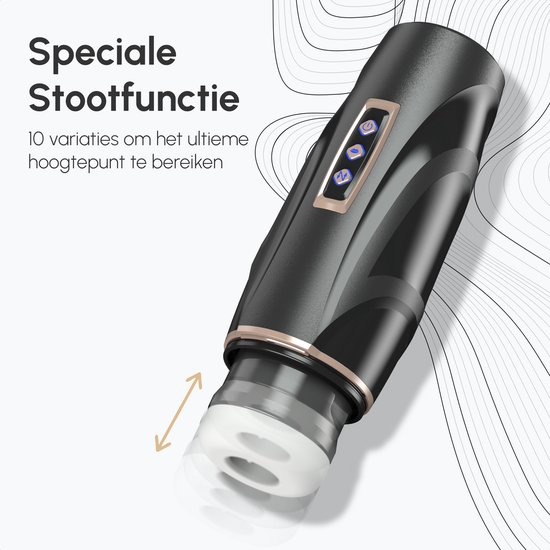 Zwarte masturbator met speciale stootfunctie en 10 variaties voor het ultieme hoogtepunt. Koperen accenten en oplichtende knoppen.
