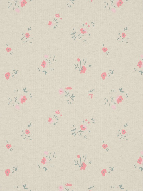 Staalstof met een all-over print van kleine roze bloemetjes en groene blaadjes op een lichtgekleurde achtergrond.
