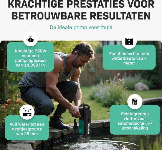 VONROC Pompe submersible – Pompe eau sale – Pompe à eau – 750 – 14000 l/h – Pour eau sale et propre – Avec flotteur intégré